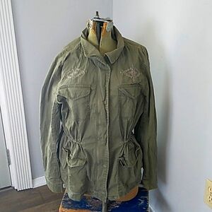 Y2K STYLE GAP ARMY GREEN EMBROIDERED CINCHED WAIST LIGHT WEIGHT JACKET WOMANS L